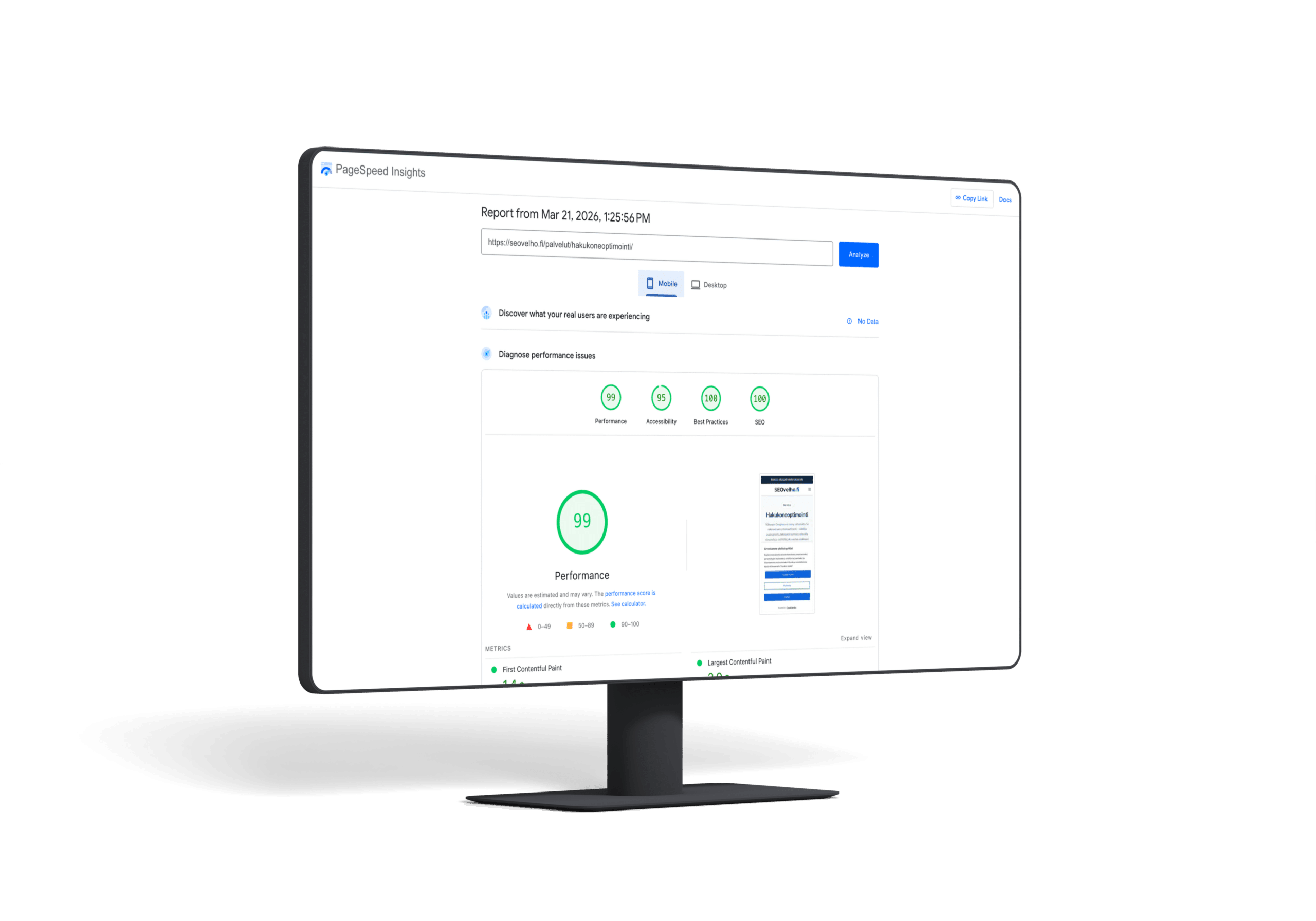 SEOvelho.fi PageSpeed Insights tulos – 99/100 suorituskyky