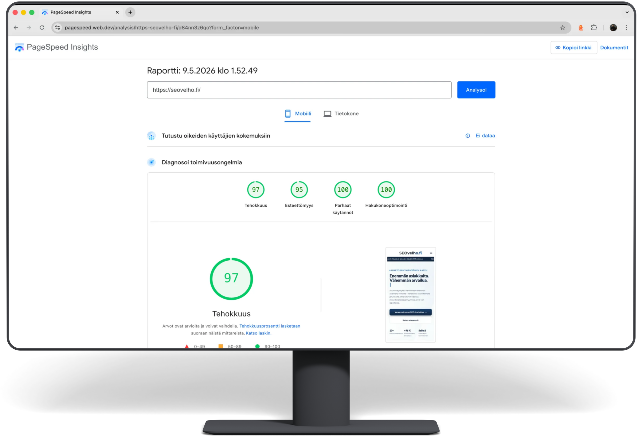 SEOvelho.fi PageSpeed Insights tulos – 99/100 suorituskyky